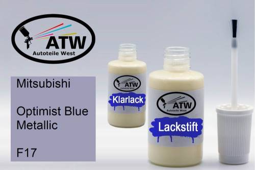 Mitsubishi, Optimist Blue Metallic, F17: 20ml Lackstift + 20ml Klarlack - Set, von ATW Autoteile West.